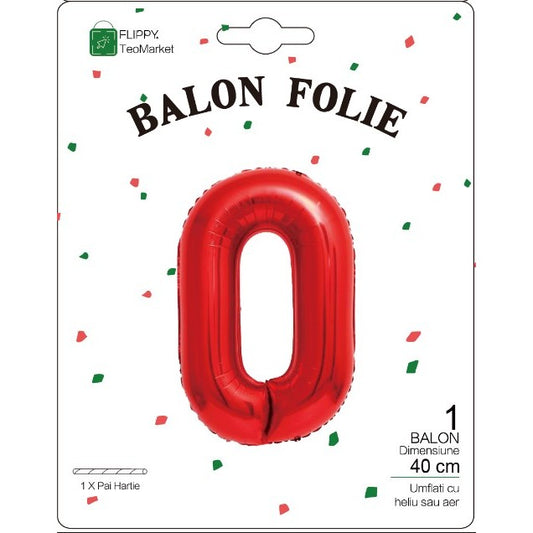 Balon din Folie Metalizata, Figurina Cifra, Tema Aniversare 40 cm, Ambalaj Individual, Pai inclus, Umflare cu Aer sau Heliu, Rosu, Cifra 0