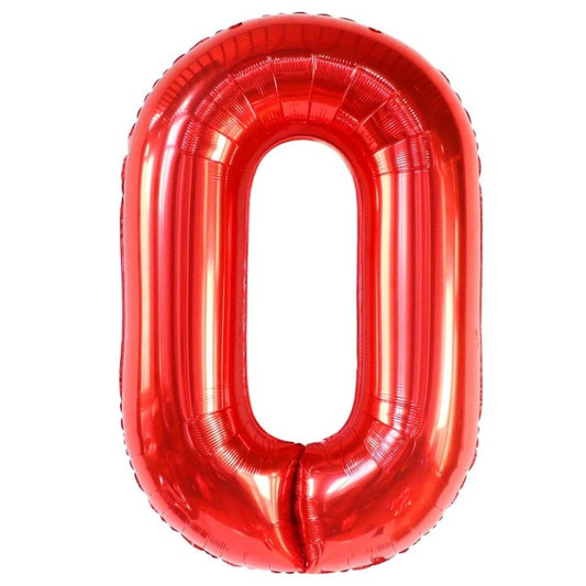 Balon din Folie Metalizata, Figurina Cifra, Tema Aniversare 40 cm, Ambalaj Individual, Pai inclus, Umflare cu Aer sau Heliu, Rosu, Cifra 0