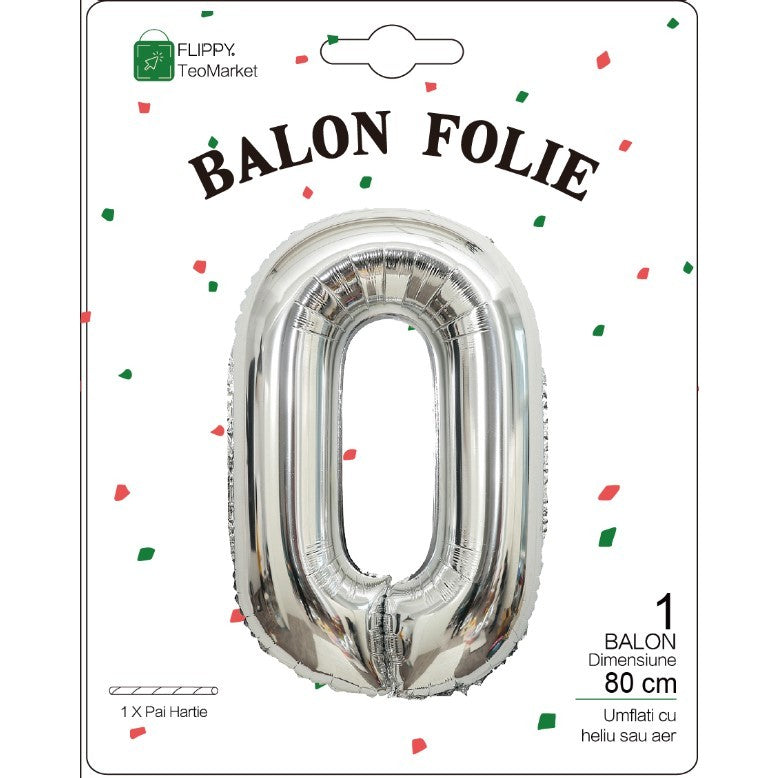 Balon din Folie Metalizata, Figurina Cifra, Tema Aniversare 80 cm, Ambalaj Individual, Pai inclus, Umflare cu Aer sau Heliu, Argintiu, Cifra 0