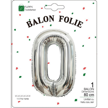 Balon din Folie Metalizata, Figurina Cifra, Tema Aniversare 80 cm, Ambalaj Individual, Pai inclus, Umflare cu Aer sau Heliu, Argintiu, Cifra 0