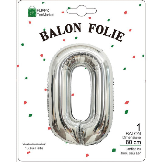 Balon din Folie Metalizata, Figurina Cifra, Tema Aniversare 80 cm, Ambalaj Individual, Pai inclus, Umflare cu Aer sau Heliu, Argintiu, Cifra 0
