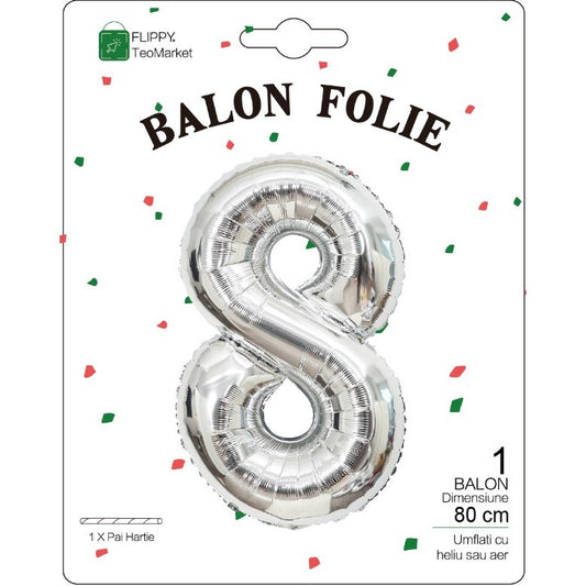 Balon din Folie Metalizata, Figurina Cifra, Tema Aniversare 80 cm, Ambalaj Individual, Pai inclus, Umflare cu Aer sau Heliu, Argintiu, Cifra 8
