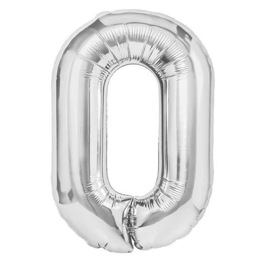Balon din Folie Metalizata, Figurina Cifra, Tema Aniversare 80 cm, Ambalaj Individual, Pai inclus, Umflare cu Aer sau Heliu, Argintiu, Cifra 0