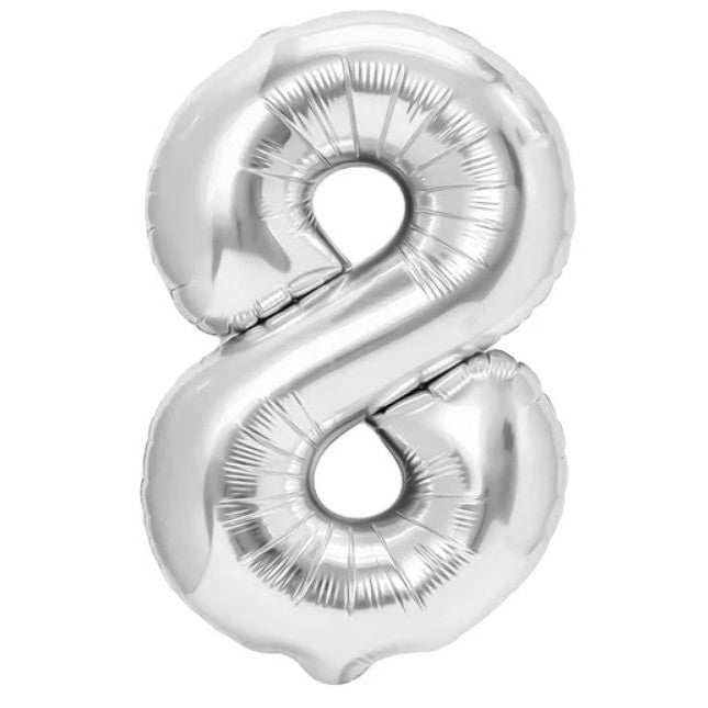 Balon din Folie Metalizata, Figurina Cifra, Tema Aniversare 80 cm, Ambalaj Individual, Pai inclus, Umflare cu Aer sau Heliu, Argintiu, Cifra 8