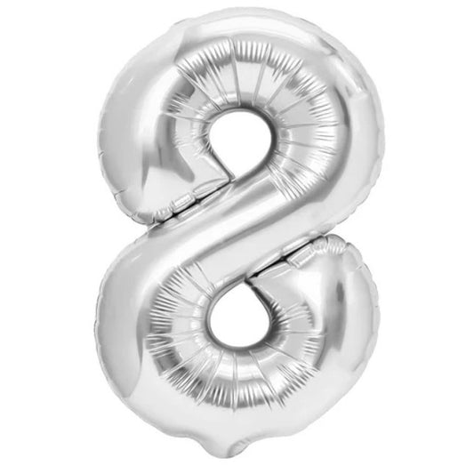 Balon din Folie Metalizata, Figurina Cifra, Tema Aniversare 80 cm, Ambalaj Individual, Pai inclus, Umflare cu Aer sau Heliu, Argintiu, Cifra 8