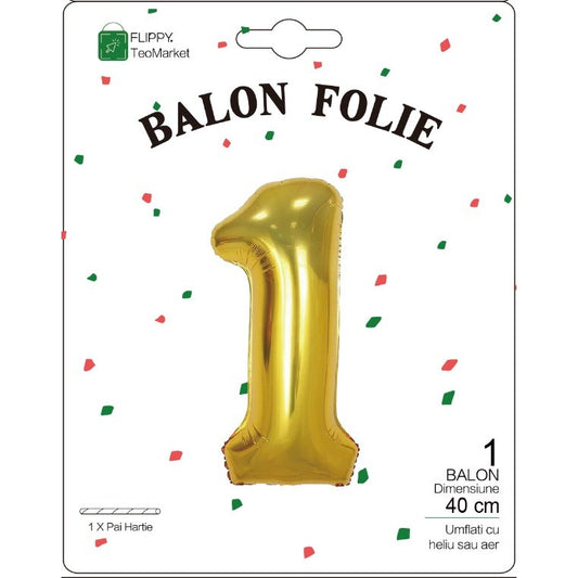 Balon din Folie Metalizata, Figurina Cifra, Tema Aniversare 40 cm, Ambalaj Individual, Pai inclus, Umflare cu Aer sau Heliu, Auriu, Cifra 1