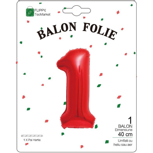 Balon din Folie Metalizata, Figurina Cifra, Tema Aniversare 40 cm, Ambalaj Individual, Pai inclus, Umflare cu Aer sau Heliu, Rosu, Cifra 1