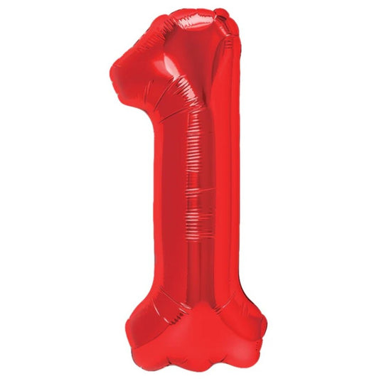 Balon din Folie Metalizata, Figurina Cifra, Tema Aniversare 40 cm, Ambalaj Individual, Pai inclus, Umflare cu Aer sau Heliu, Rosu, Cifra 1