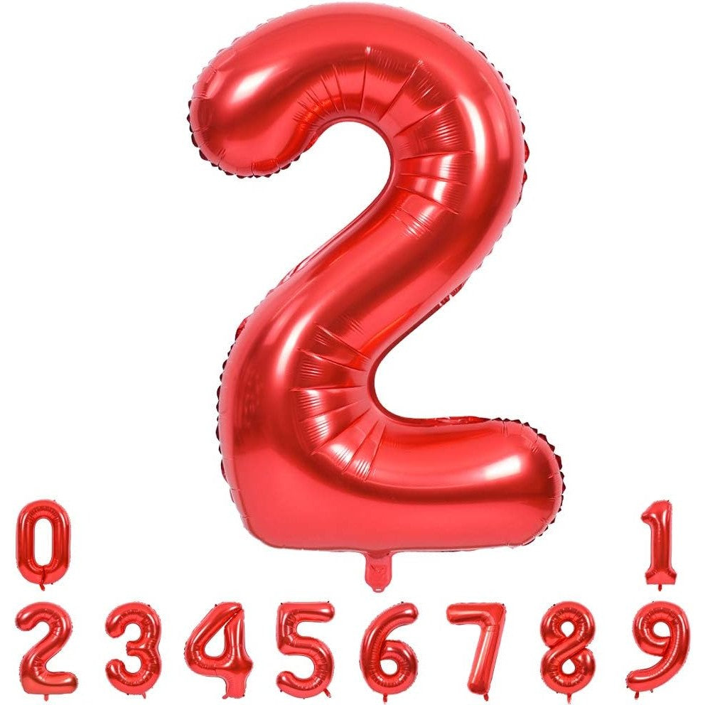 Balon din Folie Metalizata, Figurina Cifra, Tema Aniversare 40 cm, Ambalaj Individual, Pai inclus, Umflare cu Aer sau Heliu, Rosu, Cifra 2