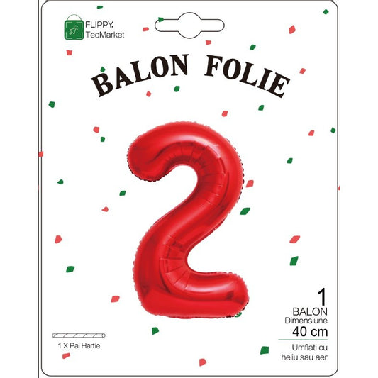 Balon din Folie Metalizata, Figurina Cifra, Tema Aniversare 40 cm, Ambalaj Individual, Pai inclus, Umflare cu Aer sau Heliu, Rosu, Cifra 2