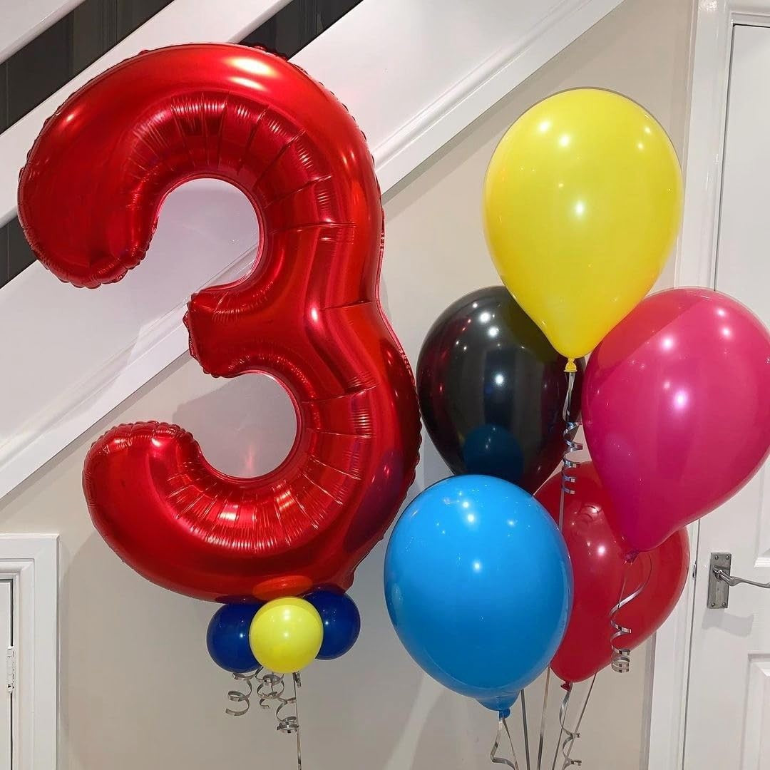 Balon din Folie Metalizata, Figurina Cifra, Tema Aniversare 40 cm, Ambalaj Individual, Pai inclus, Umflare cu Aer sau Heliu, Rosu, Cifra 3
