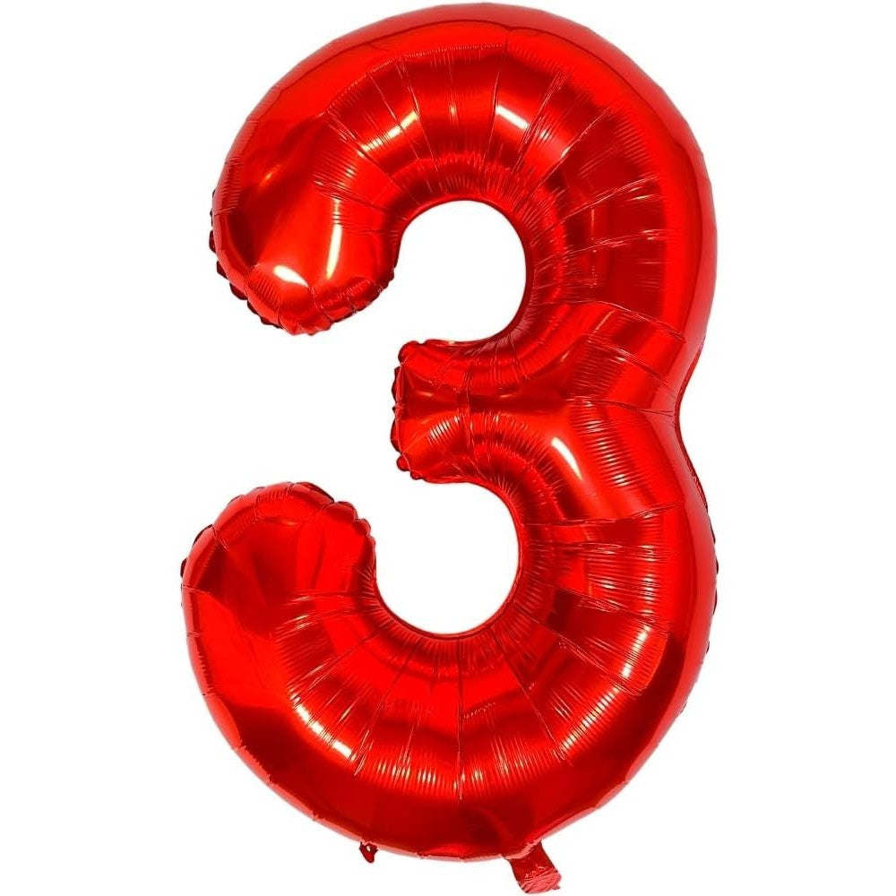 Balon din Folie Metalizata, Figurina Cifra, Tema Aniversare 40 cm, Ambalaj Individual, Pai inclus, Umflare cu Aer sau Heliu, Rosu, Cifra 3