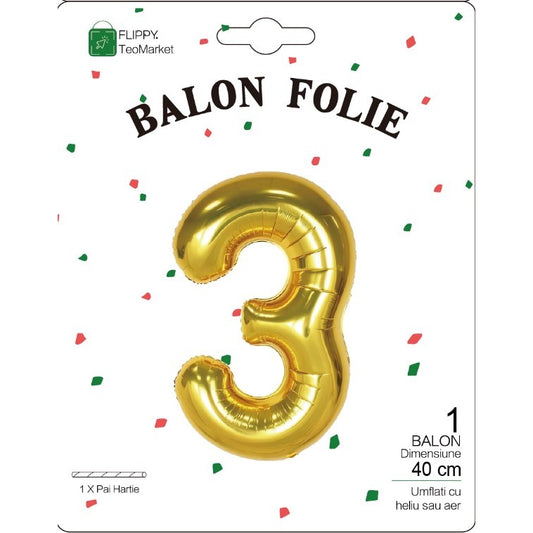 Balon din Folie Metalizata, Figurina Cifra, Tema Aniversare 40 cm, Ambalaj Individual, Pai inclus, Umflare cu Aer sau Heliu, Auriu, Cifra 3