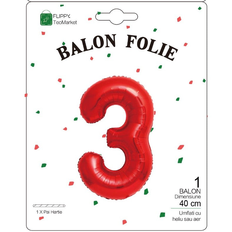 Balon din Folie Metalizata, Figurina Cifra, Tema Aniversare 40 cm, Ambalaj Individual, Pai inclus, Umflare cu Aer sau Heliu, Rosu, Cifra 3