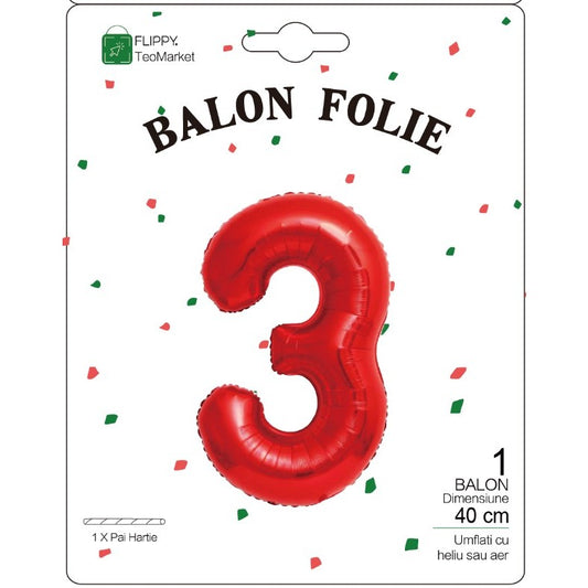 Balon din Folie Metalizata, Figurina Cifra, Tema Aniversare 40 cm, Ambalaj Individual, Pai inclus, Umflare cu Aer sau Heliu, Rosu, Cifra 3