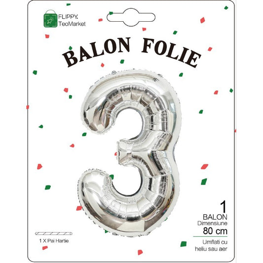 Balon din Folie Metalizata, Figurina Cifra, Tema Aniversare 80 cm, Ambalaj Individual, Pai inclus, Umflare cu Aer sau Heliu, Argintiu, Cifra 3