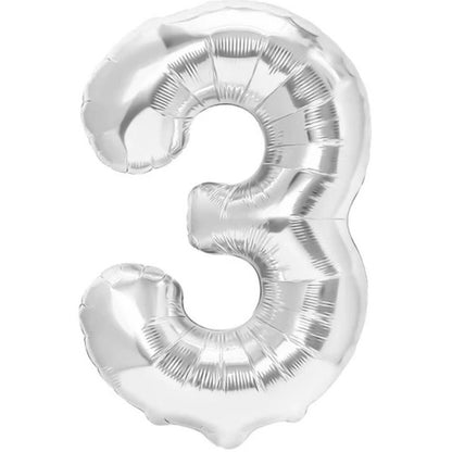 Balon din Folie Metalizata, Figurina Cifra, Tema Aniversare 80 cm, Ambalaj Individual, Pai inclus, Umflare cu Aer sau Heliu, Argintiu, Cifra 3