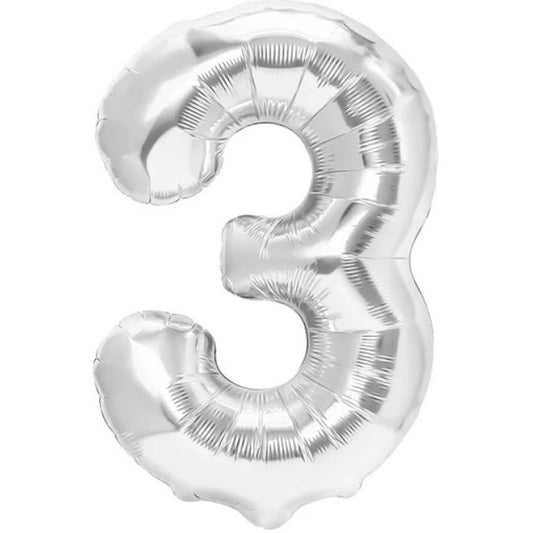 Balon din Folie Metalizata, Figurina Cifra, Tema Aniversare 80 cm, Ambalaj Individual, Pai inclus, Umflare cu Aer sau Heliu, Argintiu, Cifra 3