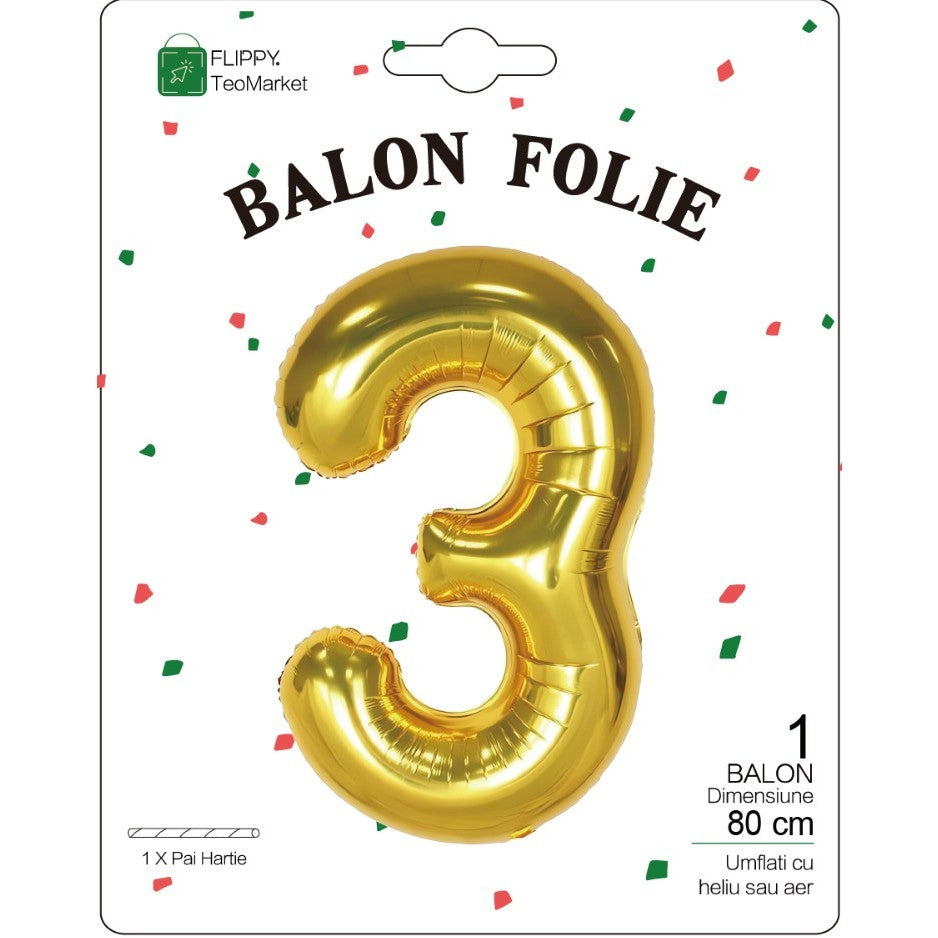 Balon din Folie Metalizata, Figurina Cifra, Tema Aniversare 80 cm, Ambalaj Individual, Pai inclus, Umflare cu Aer sau Heliu, Auriu, Cifra 3