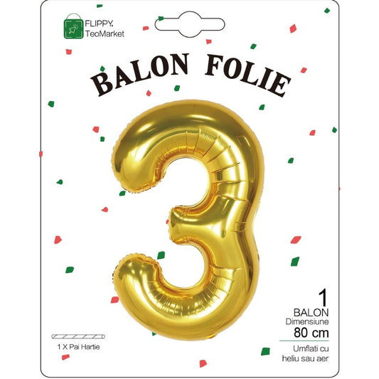 Balon din Folie Metalizata, Figurina Cifra, Tema Aniversare 80 cm, Ambalaj Individual, Pai inclus, Umflare cu Aer sau Heliu, Auriu, Cifra 3