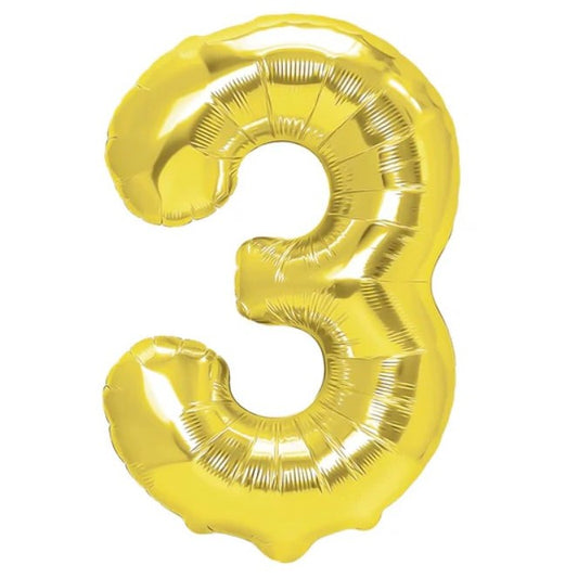 Balon din Folie Metalizata, Figurina Cifra, Tema Aniversare 80 cm, Ambalaj Individual, Pai inclus, Umflare cu Aer sau Heliu, Auriu, Cifra 3