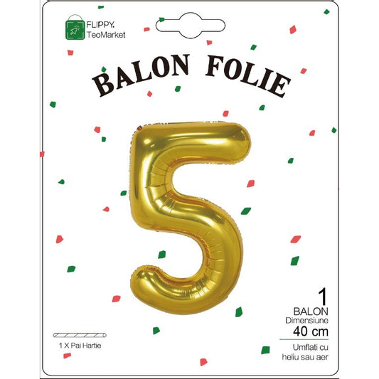 Balon din Folie Metalizata, Figurina Cifra, Tema Aniversare 40 cm, Ambalaj Individual, Pai inclus, Umflare cu Aer sau Heliu, Auriu, Cifra 5
