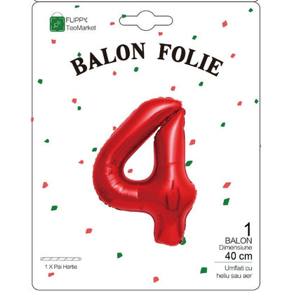 Balon din Folie Metalizata, Figurina Cifra, Tema Aniversare 40 cm, Ambalaj Individual, Pai inclus, Umflare cu Aer sau Heliu, Rosu, Cifra 4