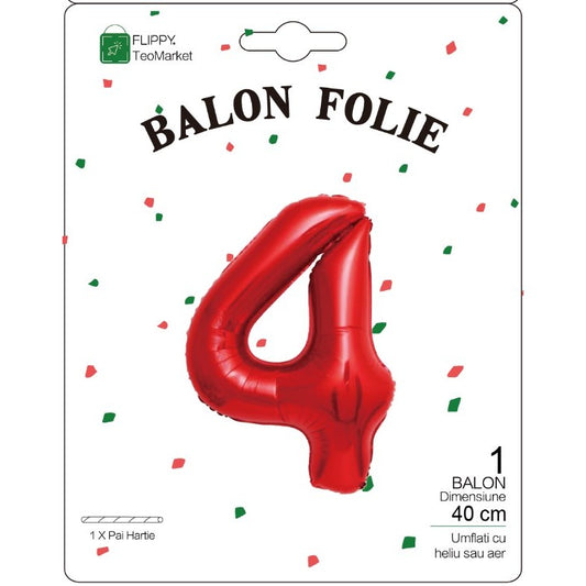 Balon din Folie Metalizata, Figurina Cifra, Tema Aniversare 40 cm, Ambalaj Individual, Pai inclus, Umflare cu Aer sau Heliu, Rosu, Cifra 4