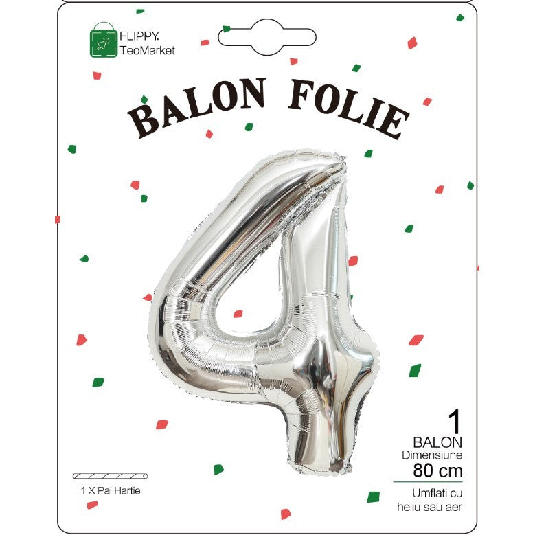 Balon din Folie Metalizata, Figurina Cifra, Tema Aniversare 80 cm, Ambalaj Individual, Pai inclus, Umflare cu Aer sau Heliu, Argintiu, Cifra 4