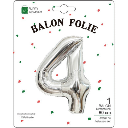 Balon din Folie Metalizata, Figurina Cifra, Tema Aniversare 80 cm, Ambalaj Individual, Pai inclus, Umflare cu Aer sau Heliu, Argintiu, Cifra 4