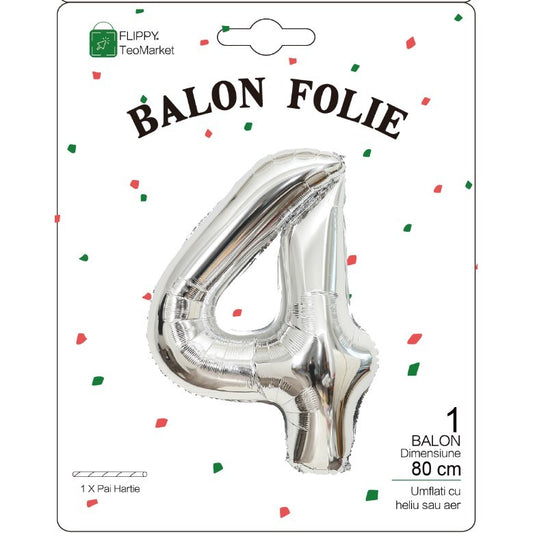 Balon din Folie Metalizata, Figurina Cifra, Tema Aniversare 80 cm, Ambalaj Individual, Pai inclus, Umflare cu Aer sau Heliu, Argintiu, Cifra 4