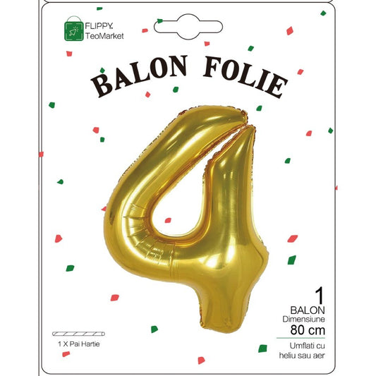 Balon din Folie Metalizata, Figurina Cifra, Tema Aniversare 80 cm, Ambalaj Individual, Pai inclus, Umflare cu Aer sau Heliu, Auriu, Cifra 4