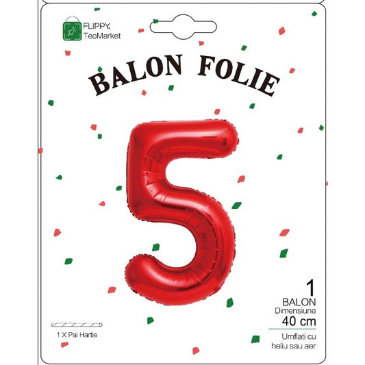 Balon din Folie Metalizata, Figurina Cifra, Tema Aniversare 40 cm, Ambalaj Individual, Pai inclus, Umflare cu Aer sau Heliu, Rosu, Cifra 5