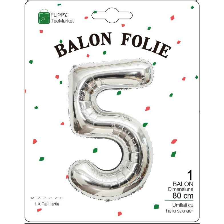 Balon din Folie Metalizata, Figurina Cifra, Tema Aniversare 80 cm, Ambalaj Individual, Pai inclus, Umflare cu Aer sau Heliu, Argintiu, Cifra 5