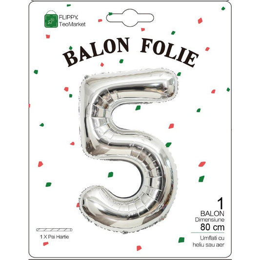Balon din Folie Metalizata, Figurina Cifra, Tema Aniversare 80 cm, Ambalaj Individual, Pai inclus, Umflare cu Aer sau Heliu, Argintiu, Cifra 5