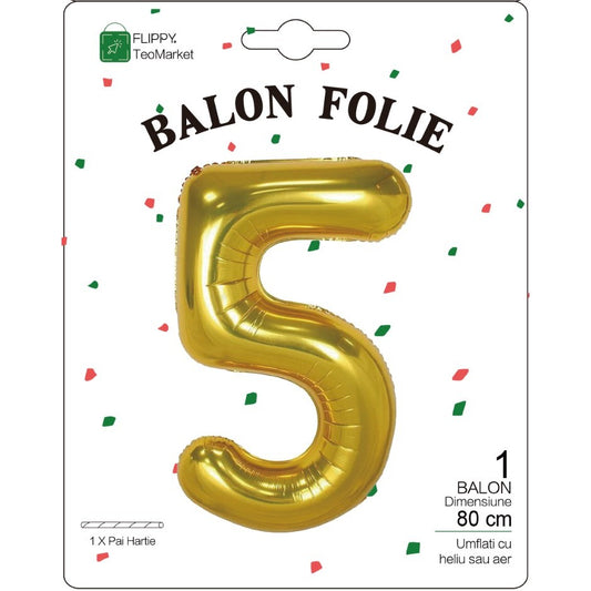 Balon din Folie Metalizata, Figurina Cifra, Tema Aniversare 80 cm, Ambalaj Individual, Pai inclus, Umflare cu Aer sau Heliu, Auriu, Cifra 5