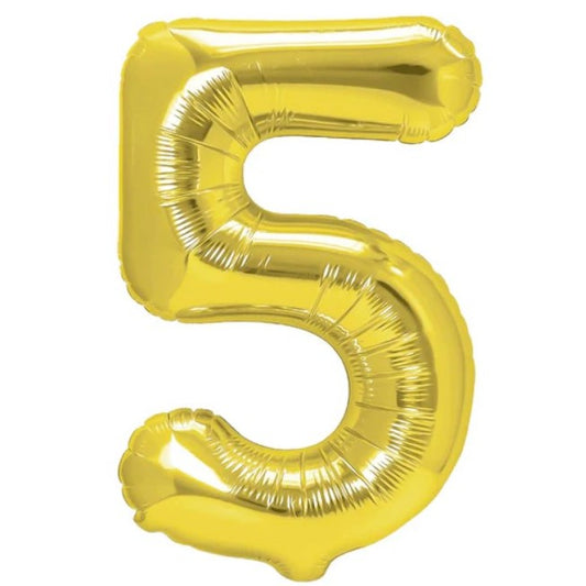 Balon din Folie Metalizata, Figurina Cifra, Tema Aniversare 80 cm, Ambalaj Individual, Pai inclus, Umflare cu Aer sau Heliu, Auriu, Cifra 5