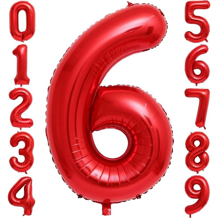 Balon din Folie Metalizata, Figurina Cifra, Tema Aniversare 40 cm, Ambalaj Individual, Pai inclus, Umflare cu Aer sau Heliu, Rosu, Cifra 6