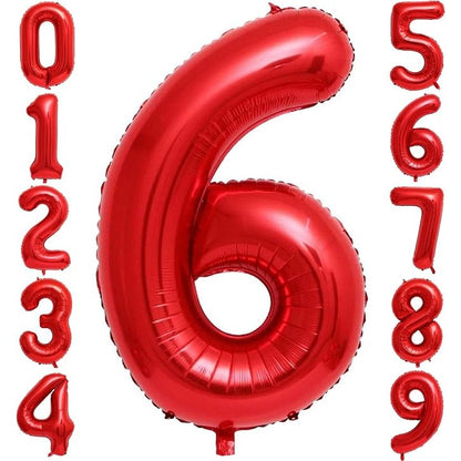 Balon din Folie Metalizata, Figurina Cifra, Tema Aniversare 40 cm, Ambalaj Individual, Pai inclus, Umflare cu Aer sau Heliu, Rosu, Cifra 6