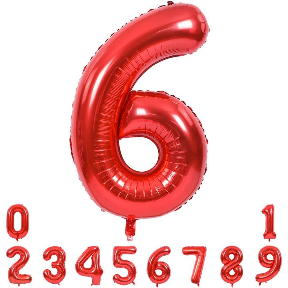 Balon din Folie Metalizata, Figurina Cifra, Tema Aniversare 40 cm, Ambalaj Individual, Pai inclus, Umflare cu Aer sau Heliu, Rosu, Cifra 6