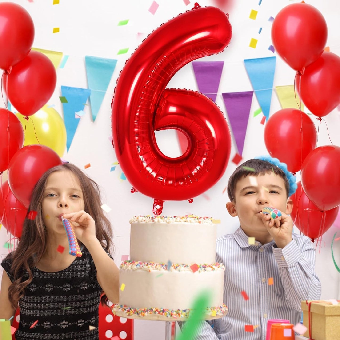Balon din Folie Metalizata, Figurina Cifra, Tema Aniversare 40 cm, Ambalaj Individual, Pai inclus, Umflare cu Aer sau Heliu, Rosu, Cifra 6