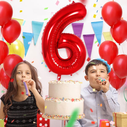Balon din Folie Metalizata, Figurina Cifra, Tema Aniversare 40 cm, Ambalaj Individual, Pai inclus, Umflare cu Aer sau Heliu, Rosu, Cifra 6