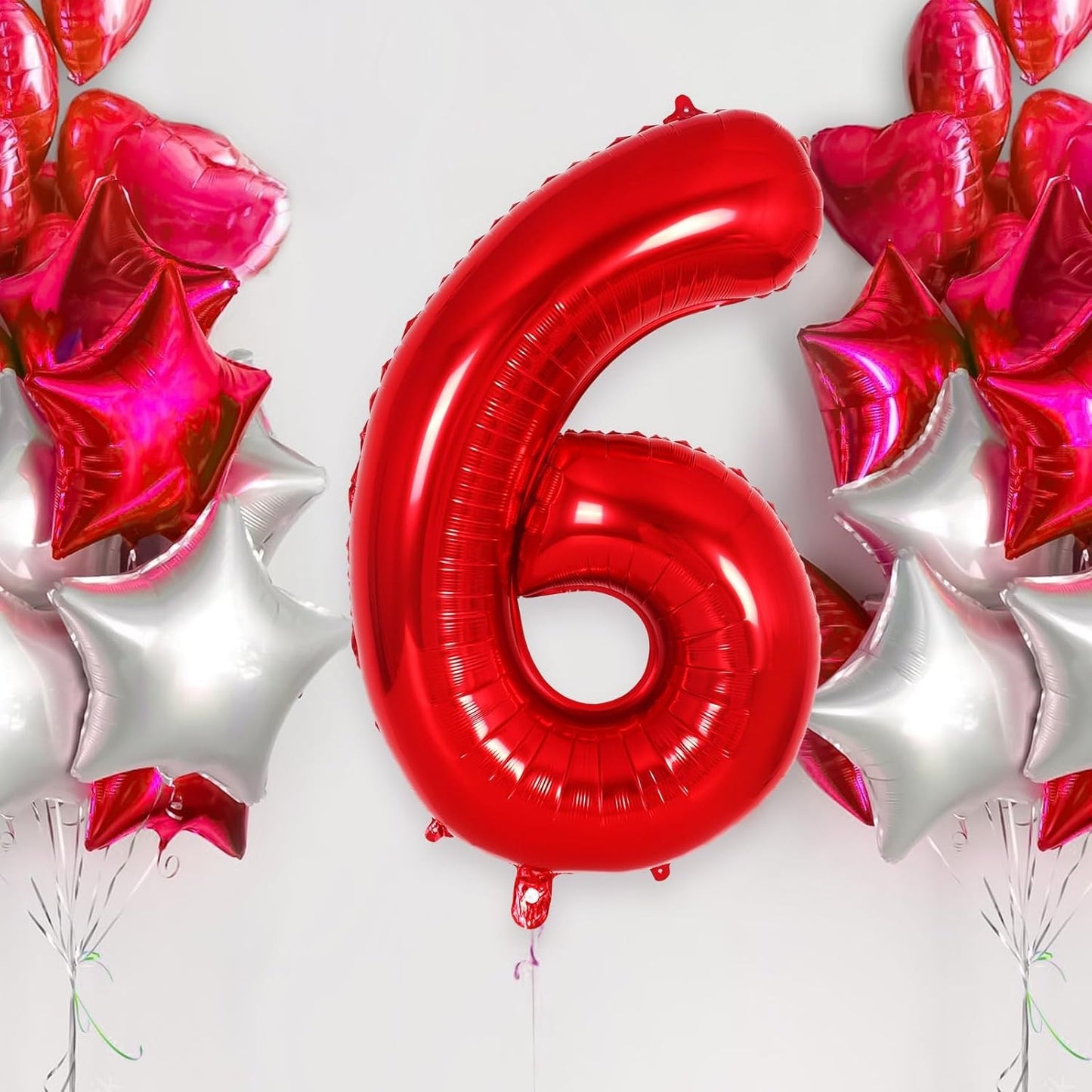 Balon din Folie Metalizata, Figurina Cifra, Tema Aniversare 40 cm, Ambalaj Individual, Pai inclus, Umflare cu Aer sau Heliu, Rosu, Cifra 6
