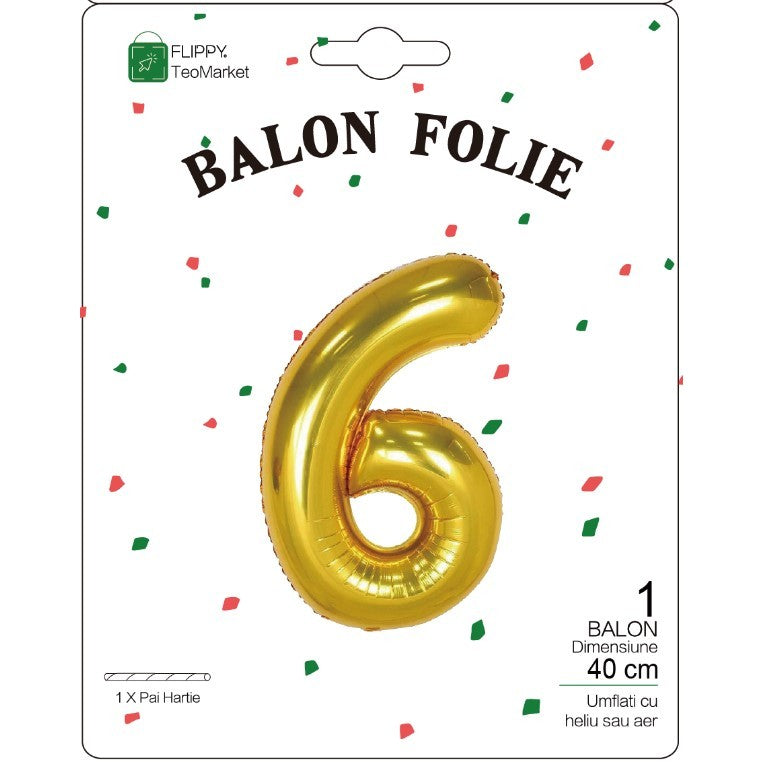 Balon din Folie Metalizata, Figurina Cifra, Tema Aniversare 40 cm, Ambalaj Individual, Pai inclus, Umflare cu Aer sau Heliu, Auriu, Cifra 6