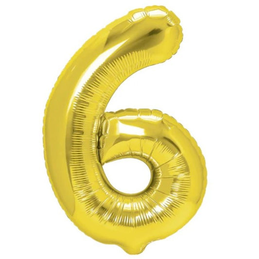 Balon din Folie Metalizata, Figurina Cifra, Tema Aniversare 40 cm, Ambalaj Individual, Pai inclus, Umflare cu Aer sau Heliu, Auriu, Cifra 6