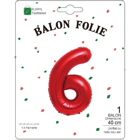 Balon din Folie Metalizata, Figurina Cifra, Tema Aniversare 40 cm, Ambalaj Individual, Pai inclus, Umflare cu Aer sau Heliu, Rosu, Cifra 6