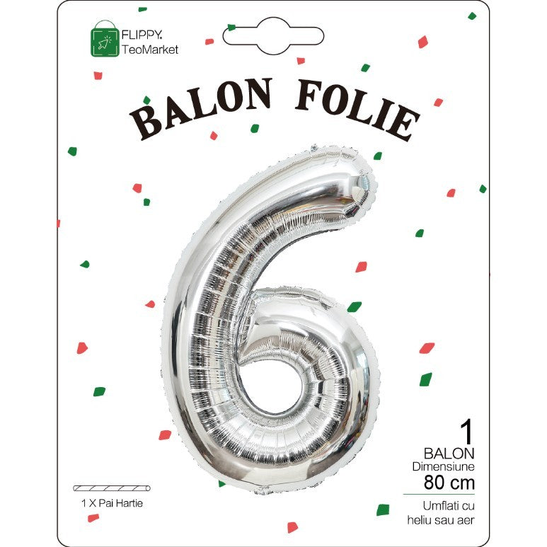 Balon din Folie Metalizata, Figurina Cifra, Tema Aniversare 80 cm, Ambalaj Individual, Pai inclus, Umflare cu Aer sau Heliu, Argintiu, Cifra 6