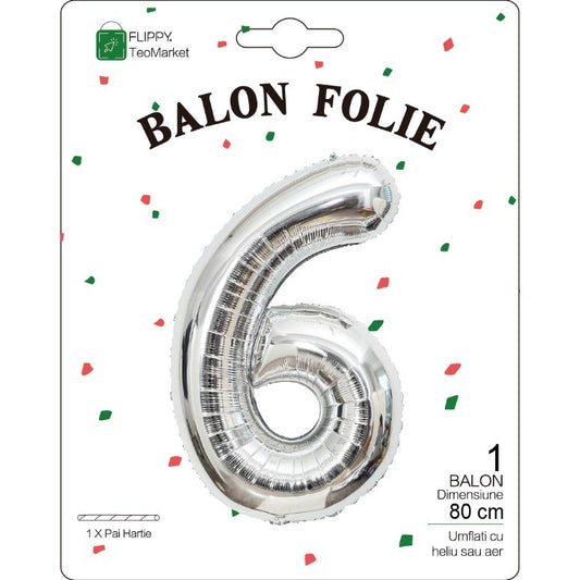 Balon din Folie Metalizata, Figurina Cifra, Tema Aniversare 80 cm, Ambalaj Individual, Pai inclus, Umflare cu Aer sau Heliu, Argintiu, Cifra 6