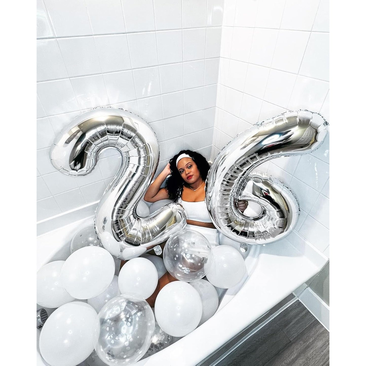 Balon din Folie Metalizata, Figurina Cifra, Tema Aniversare 80 cm, Ambalaj Individual, Pai inclus, Umflare cu Aer sau Heliu, Argintiu, Cifra 6