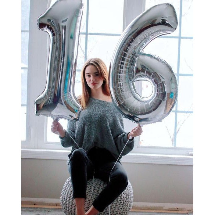 Balon din Folie Metalizata, Figurina Cifra, Tema Aniversare 80 cm, Ambalaj Individual, Pai inclus, Umflare cu Aer sau Heliu, Argintiu, Cifra 6